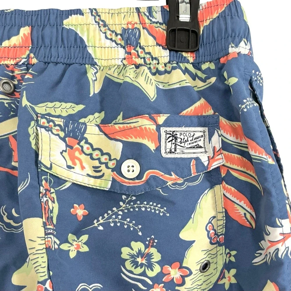 Polo Ralph Lauren Swim Trunks Men's Medium Blue Hawaiian Surfer Print Mesh Lined